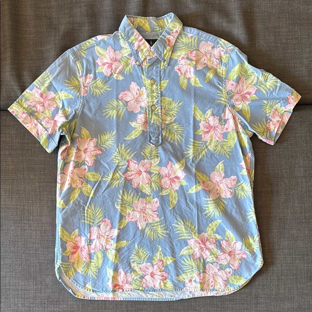 Ralph Lauren Blue and Pink Polo Shirt with Tropical Floral Design